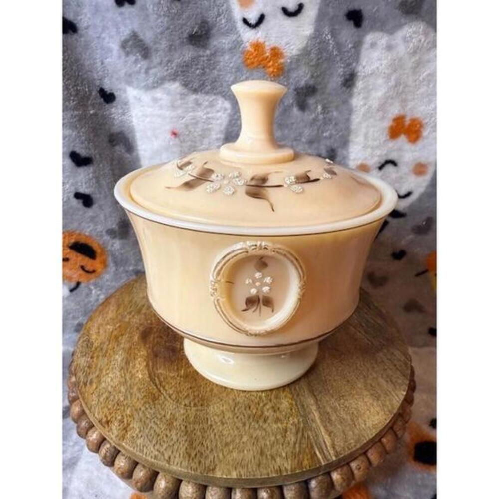 Westmoreland Almond Glass Lidded Candy Dish Signed B. Parry 1979 Vintage